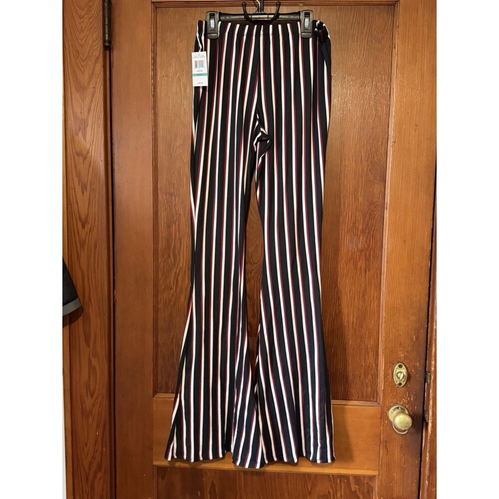 Polly Esther Womens Bell Bottom Pants Rose Floral Print Black Stripes Leggings S